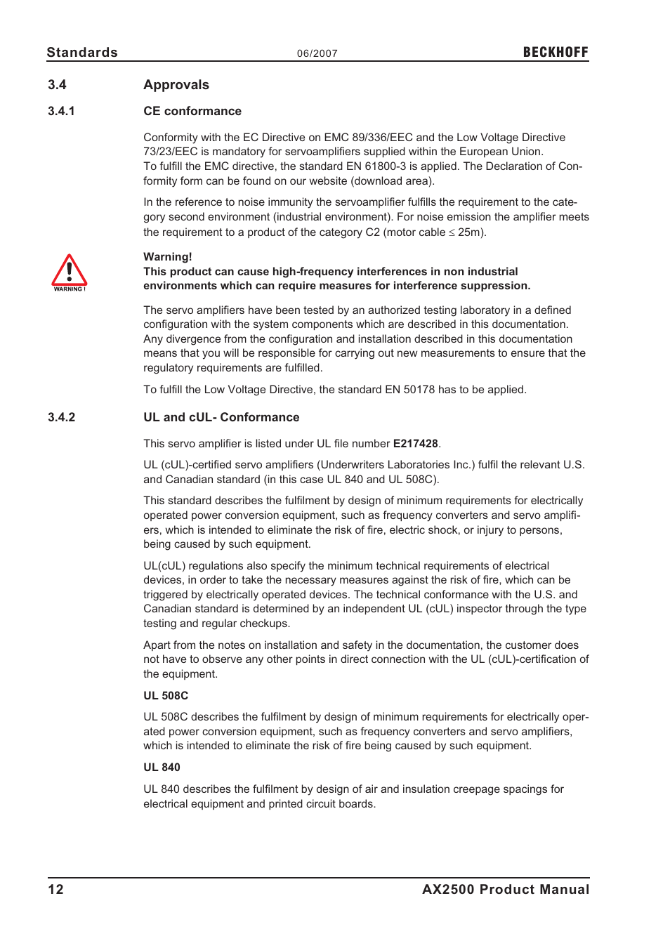 4 approvals, 1 ce conformance, 2 ul and cul- conformance | Ce conformity, Approvals, Ce conformance, Ul and cul- conformance | BECKHOFF AX2500 User Manual | Page 12 / 97