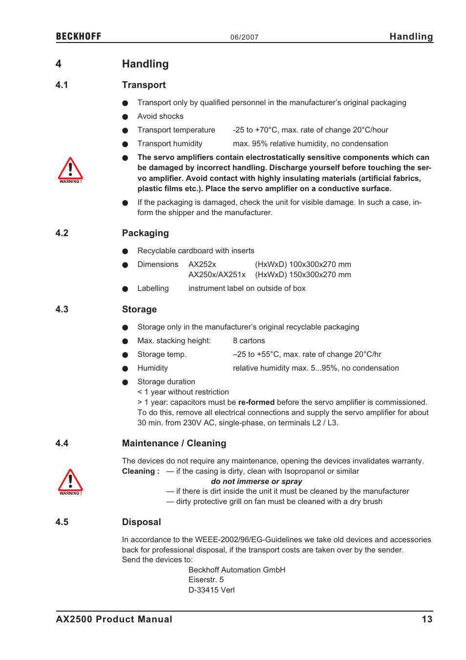 4 handling, 1 transport, 2 packaging | 3 storage, 4 maintenance / cleaning, 5 disposal, Disposal, Maintenance, Packaging, Stacking height | BECKHOFF AX2500 User Manual | Page 13 / 97