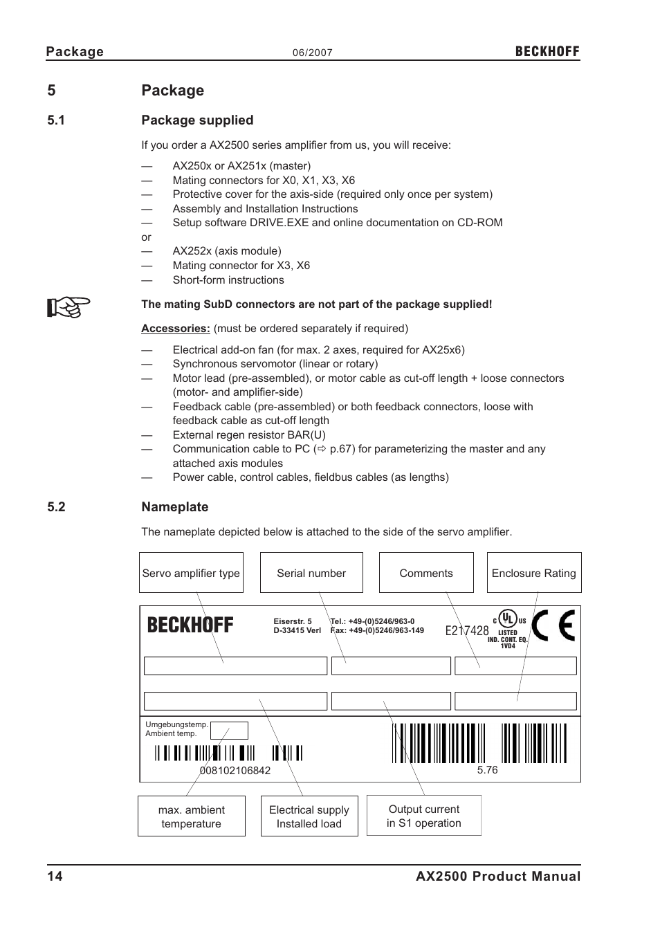 5 package, 1 package supplied, 2 nameplate | Nameplate, Package supplied, P a c k a g e, 5package, Beckhoff | BECKHOFF AX2500 User Manual | Page 14 / 97