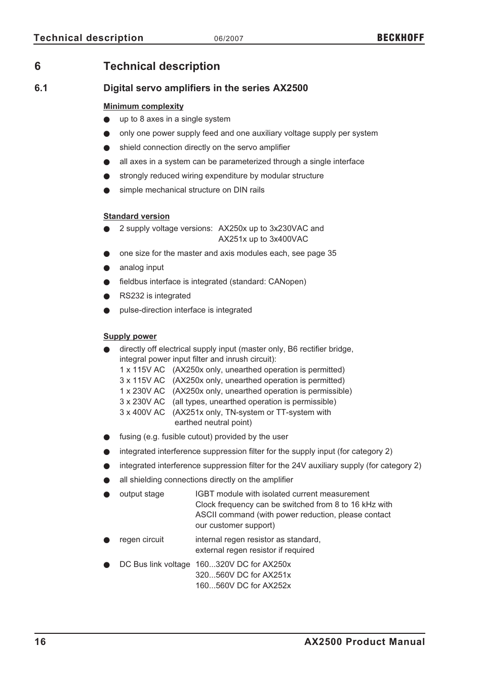 6 technical description, 1 digital servo amplifiers in the series ax2500, Technical description | T e c h n i c a l d e s c r i p t i o n, Digital servo amplifiers in the series ax2500, 6technical description, Beckhoff | BECKHOFF AX2500 User Manual | Page 16 / 97