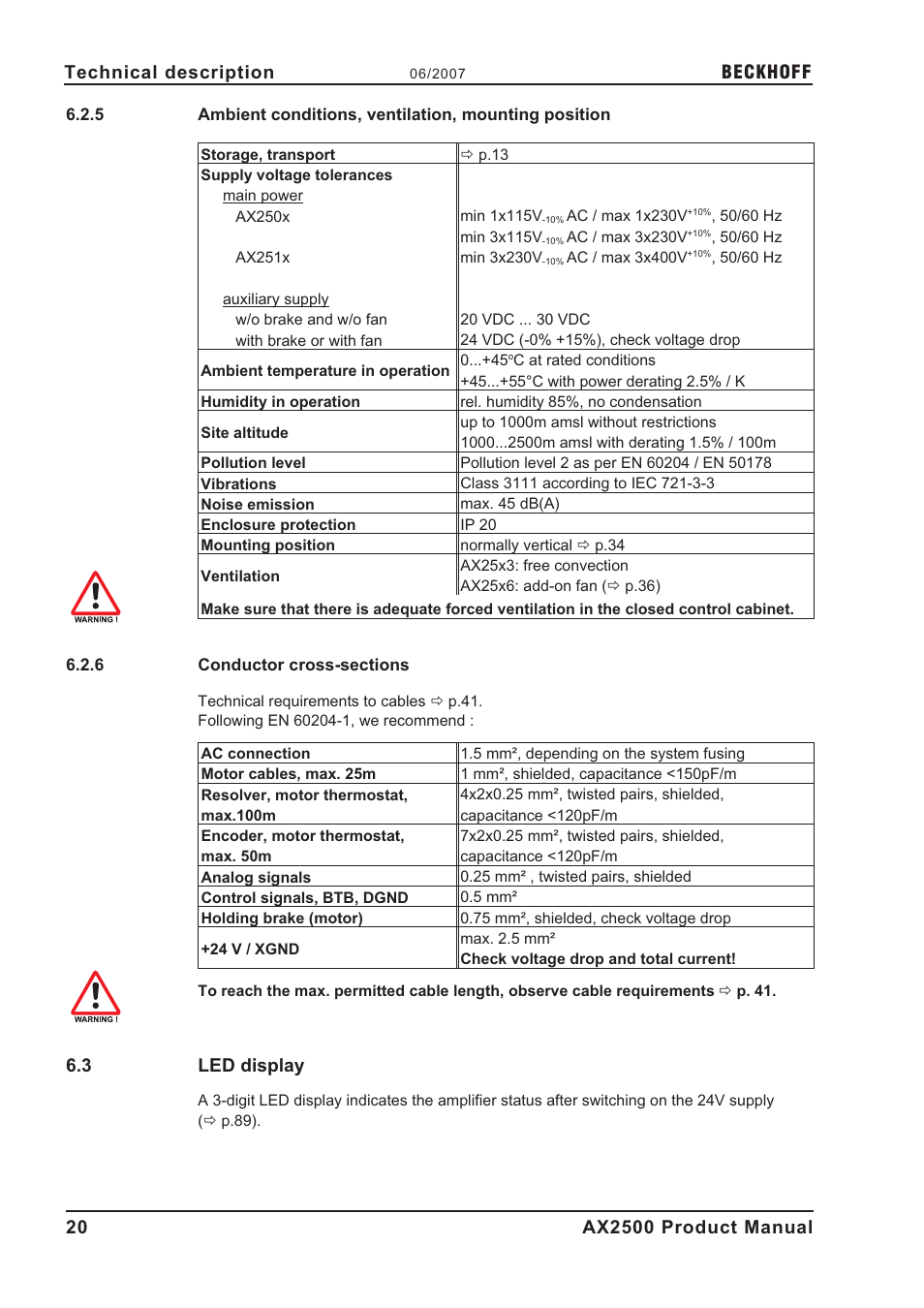 6 conductor cross-sections, 3 led display, Ambient conditions | Conductor cross-sections, Display, led, Enclosure protection, Mounting position, Noise emission, Pollution level, Site altitude | BECKHOFF AX2500 User Manual | Page 20 / 97