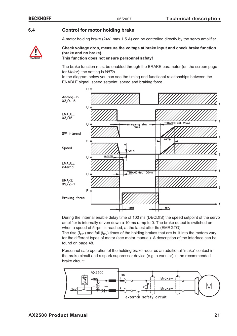 4 control for motor holding brake, Brake, Control for motor holding brake | BECKHOFF AX2500 User Manual | Page 21 / 97