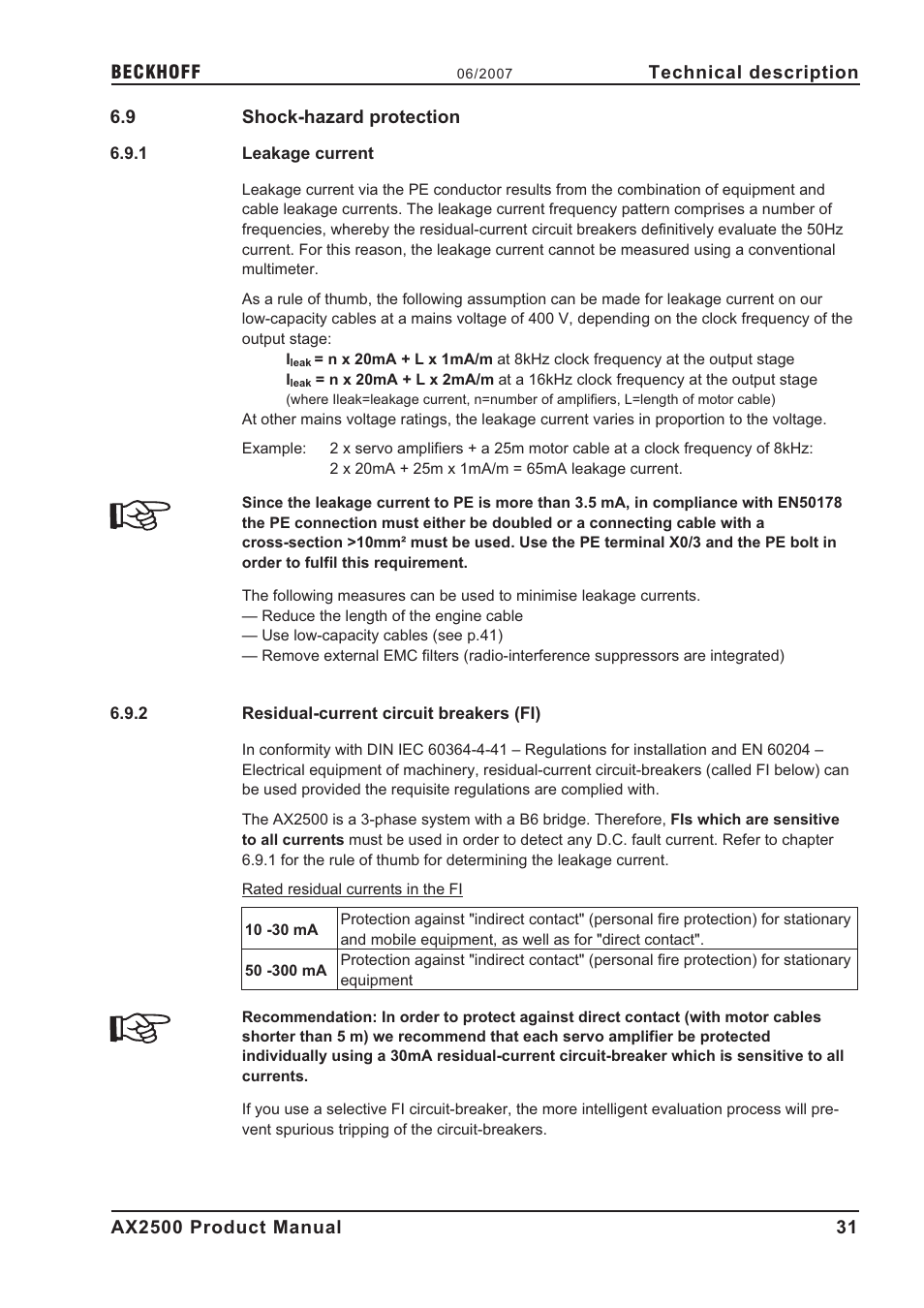 9 shock-hazard protection, 1 leakage current, 2 residual-current circuit breakers (fi) | Leakage current, Shock-hazard protection, Residual-current circuit breakers (fi) | BECKHOFF AX2500 User Manual | Page 31 / 97