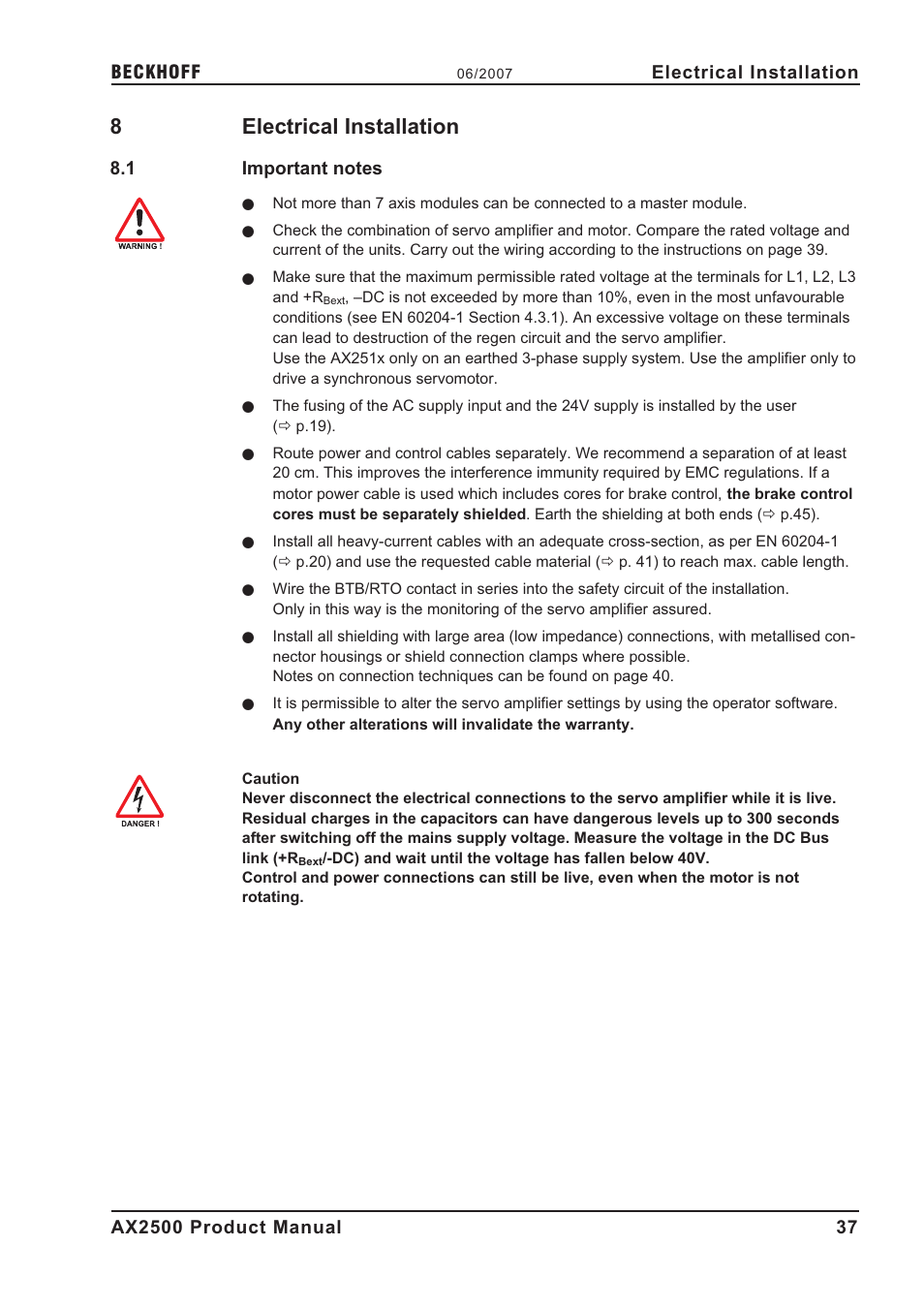 8 electrical installation, 1 important notes, Electrical | E l e c t r i c a l i n s t a l l a t i o n, Important notes, 8electrical installation, Electrical installation | BECKHOFF AX2500 User Manual | Page 37 / 97