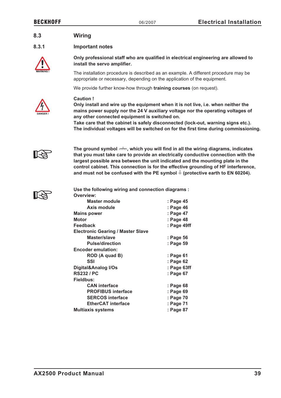 3 wiring, 1 important notes, Ground symbol | Wiring, Important notes | BECKHOFF AX2500 User Manual | Page 39 / 97