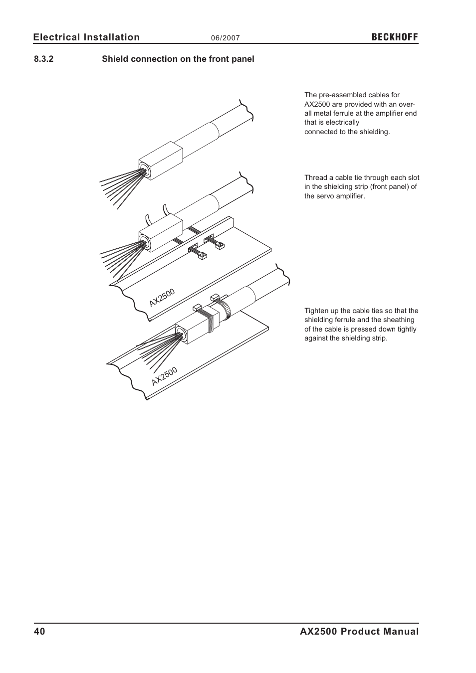 2 shield connection on the front panel, Shield connection, Shield connection on the front panel | BECKHOFF AX2500 User Manual | Page 40 / 97
