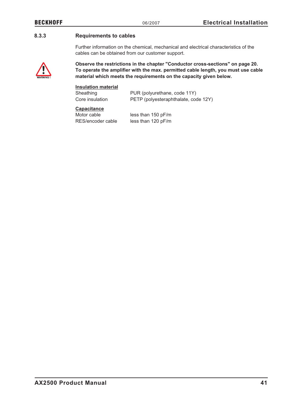 3 requirements to cables, Cables, Requirements to cables | BECKHOFF AX2500 User Manual | Page 41 / 97