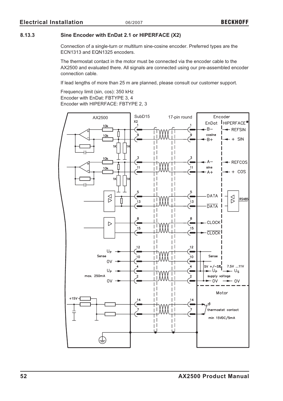 3 sine encoder with endat 2.1 or hiperface (x2), Interface, Encoder | Sine encoder with endat 2.1 or hiperface (x2), S.52 | BECKHOFF AX2500 User Manual | Page 52 / 97