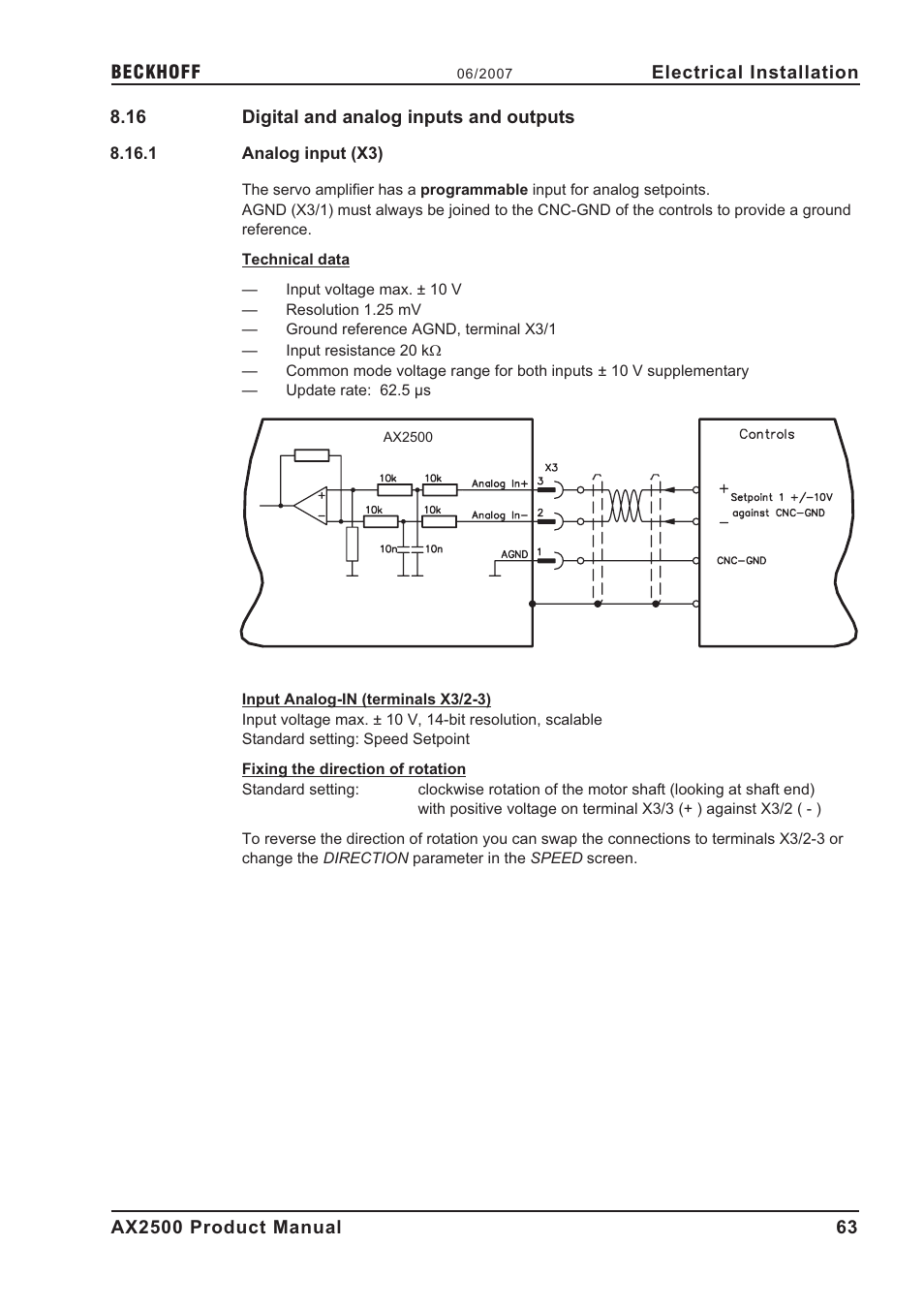 16 digital and analog inputs and outputs, 1 analog input (x3), Control signals | Analog in, Setpoint input, Analog input (x3), 63ff, P.63 | BECKHOFF AX2500 User Manual | Page 63 / 97