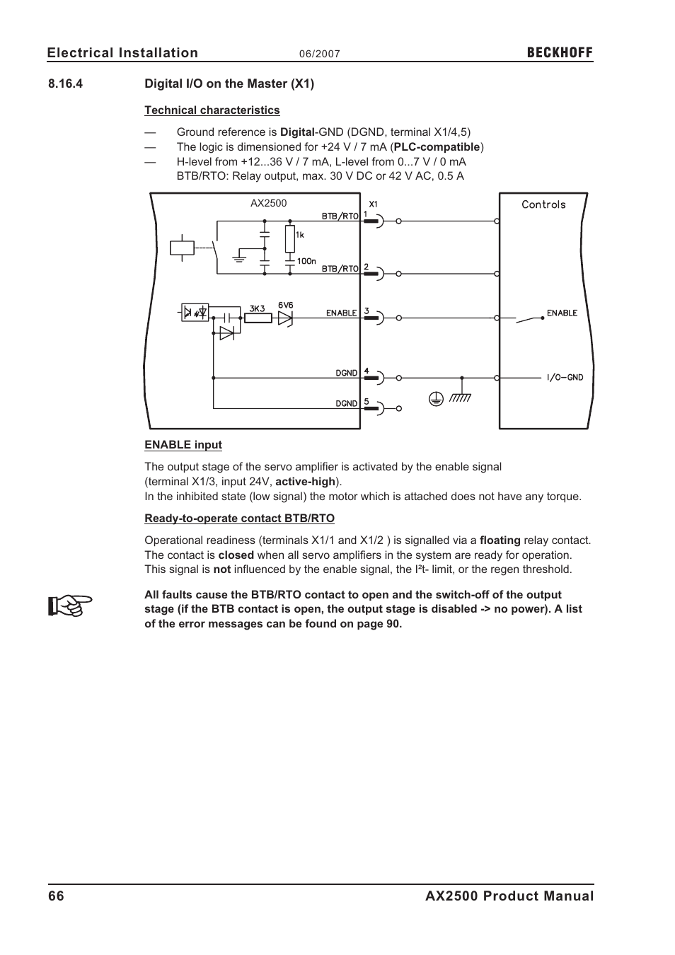 4 digital i/o on the master (x1), Btb/rto, Enable | Digital i/o on the master (x1), P.66), P.66 | BECKHOFF AX2500 User Manual | Page 66 / 97