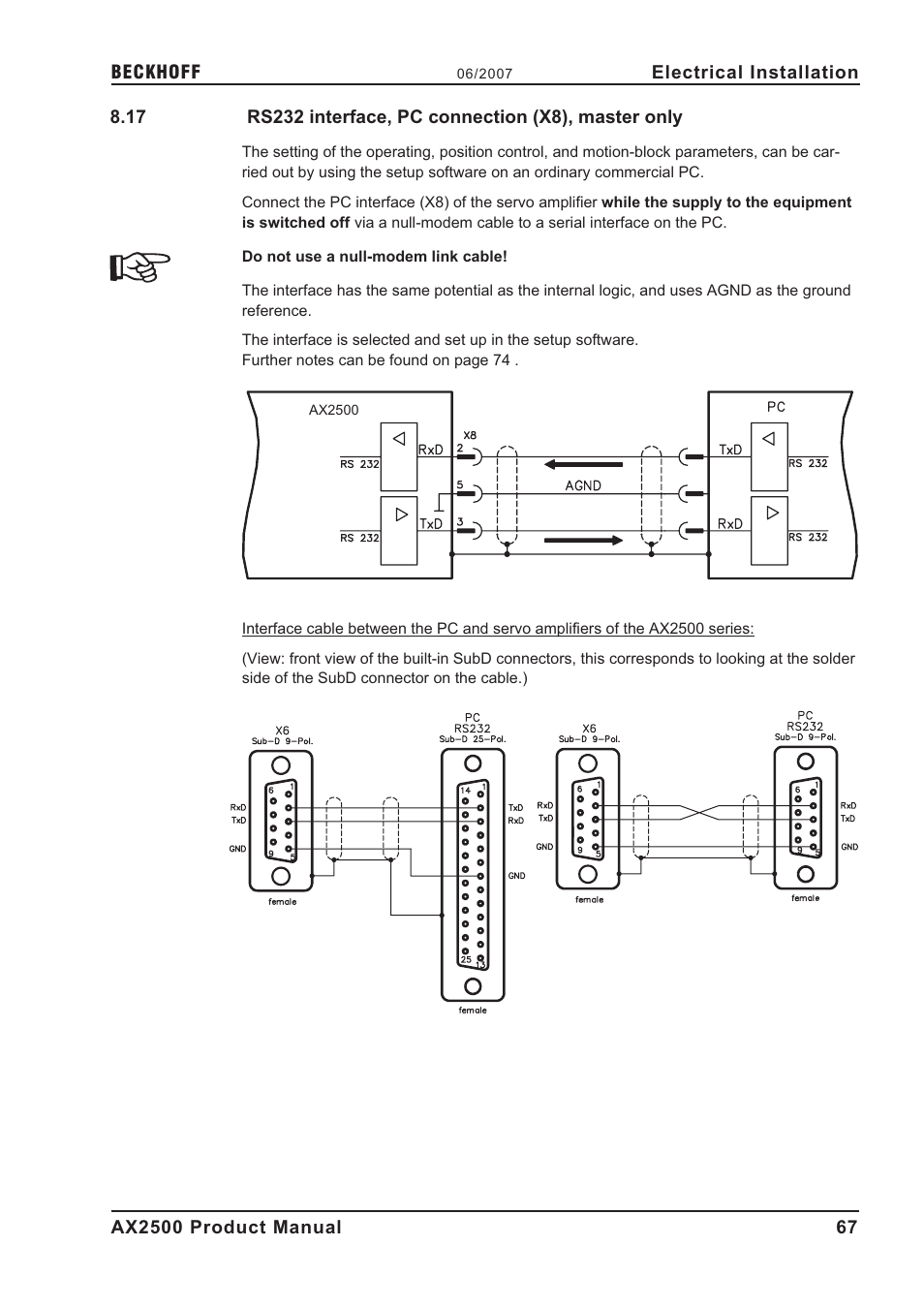 Pc connection, Pc interface cable, Rs232/pc, interface | Rs232 interface, pc connection (x8), master only, P.67), P.67 | BECKHOFF AX2500 User Manual | Page 67 / 97