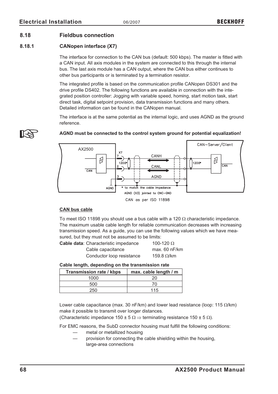 18 fieldbus connection, 1 canopen interface (x7), Canopen interface | Fieldbus interface, Canopen interface (x7), P.68 | BECKHOFF AX2500 User Manual | Page 68 / 97