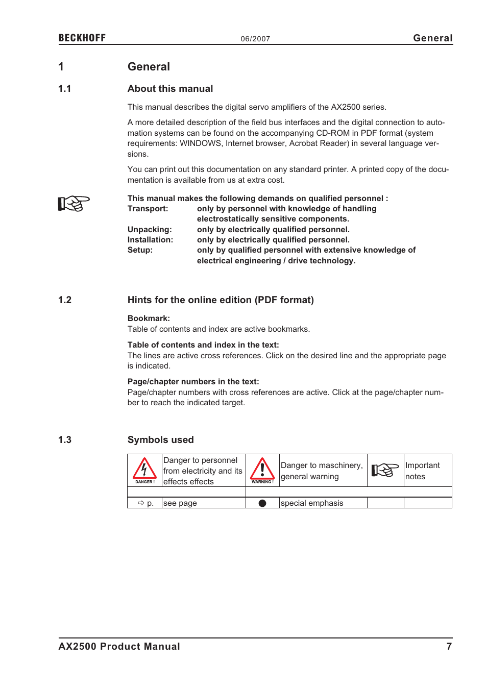 1 general, 1 about this manual, 2 hints for the online edition (pdf format) | 3 symbols used, Symbols, G e n e r a l, About this manual, Hints for the online edition (pdf format), Symbols used, 1general | BECKHOFF AX2500 User Manual | Page 7 / 97