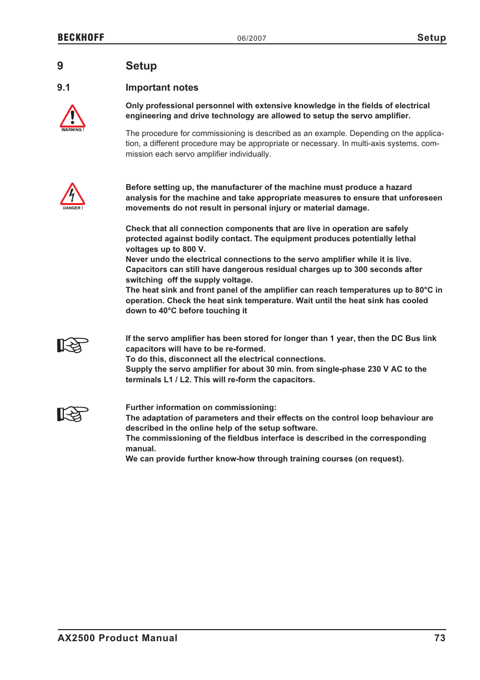 9 setup, 1 important notes, Commissioning | Forming, S e t u p, Important notes, 9setup | BECKHOFF AX2500 User Manual | Page 73 / 97