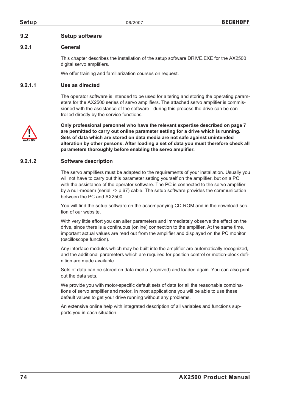 2 setup software, 1 general, 1 use as directed | 2 software description, Setup software, General, Use as directed, Software description | BECKHOFF AX2500 User Manual | Page 74 / 97