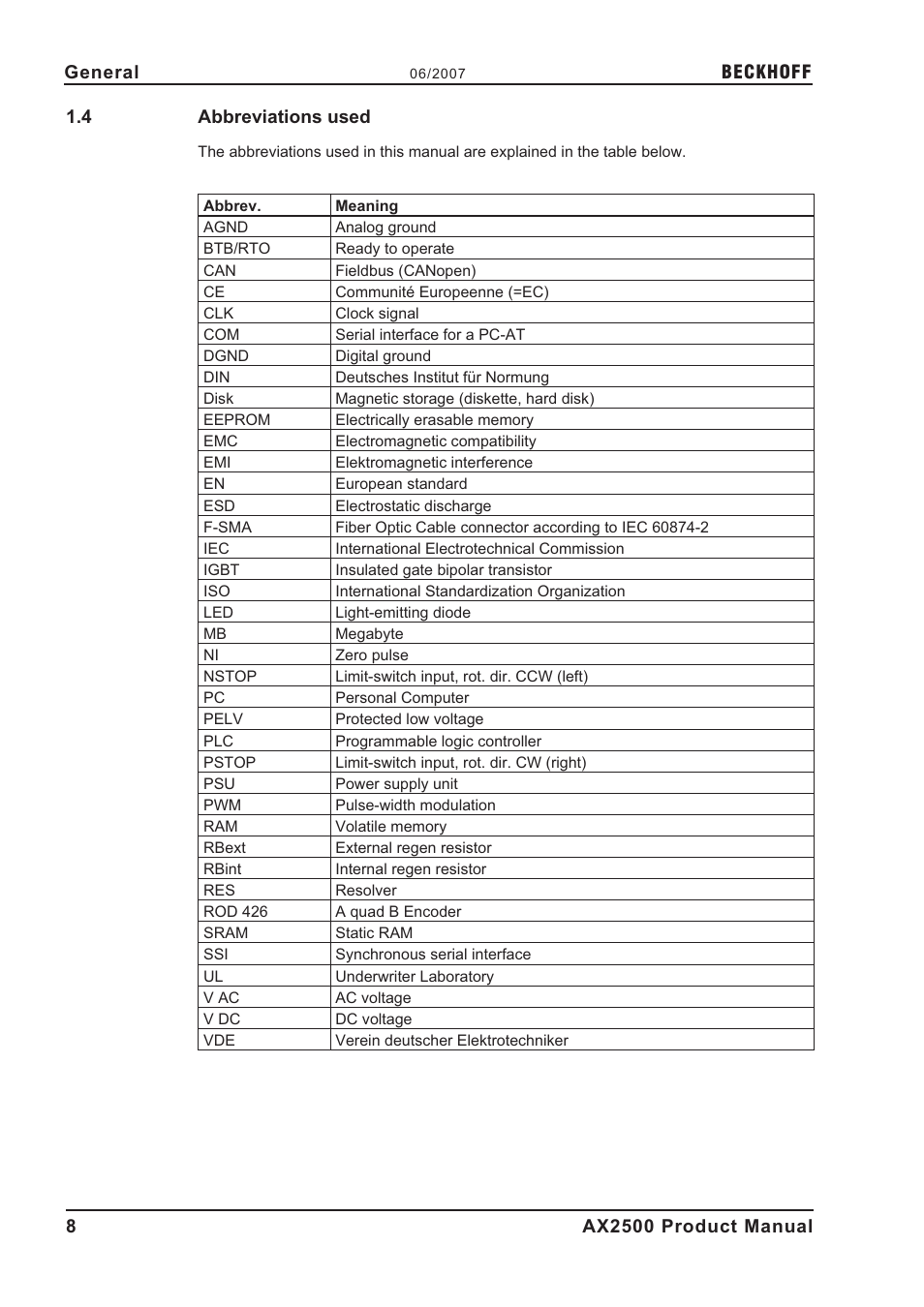 4 abbreviations used, Abbreviations, Abbreviations used | BECKHOFF AX2500 User Manual | Page 8 / 97