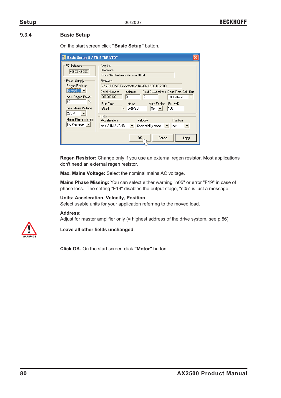 4 basic setup, Basic setup | BECKHOFF AX2500 User Manual | Page 80 / 97