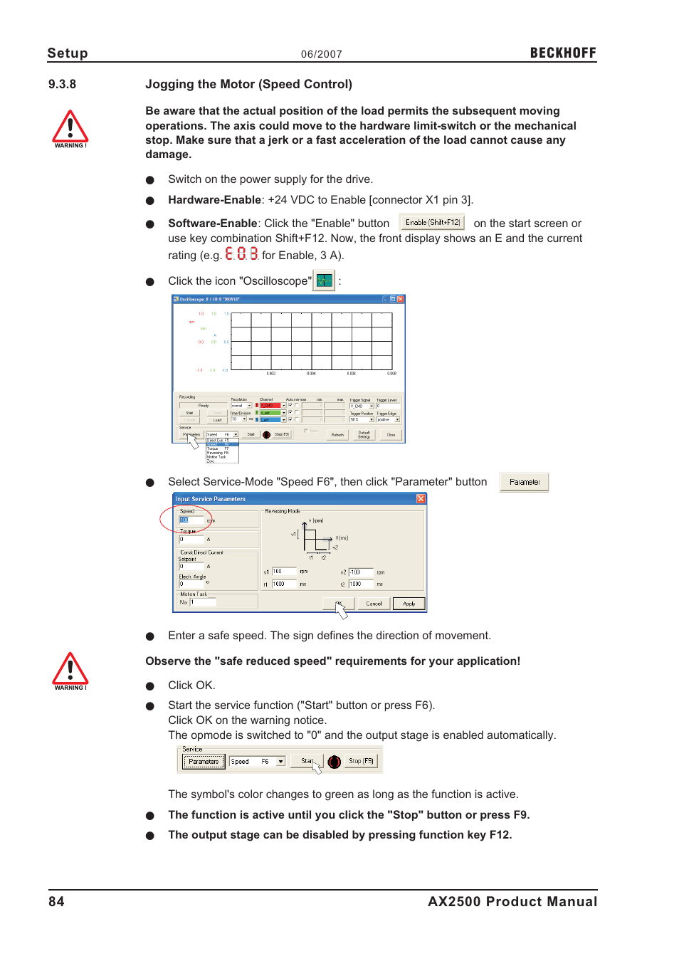 8 jogging the motor (speed control), Jogging the motor (speed control), Beckhoff | BECKHOFF AX2500 User Manual | Page 84 / 97