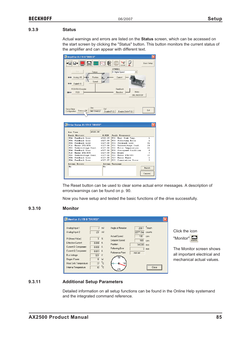 9 status, 10 monitor, 11 additional setup parameters | Status, Monitor, Additional setup parameters | BECKHOFF AX2500 User Manual | Page 85 / 97