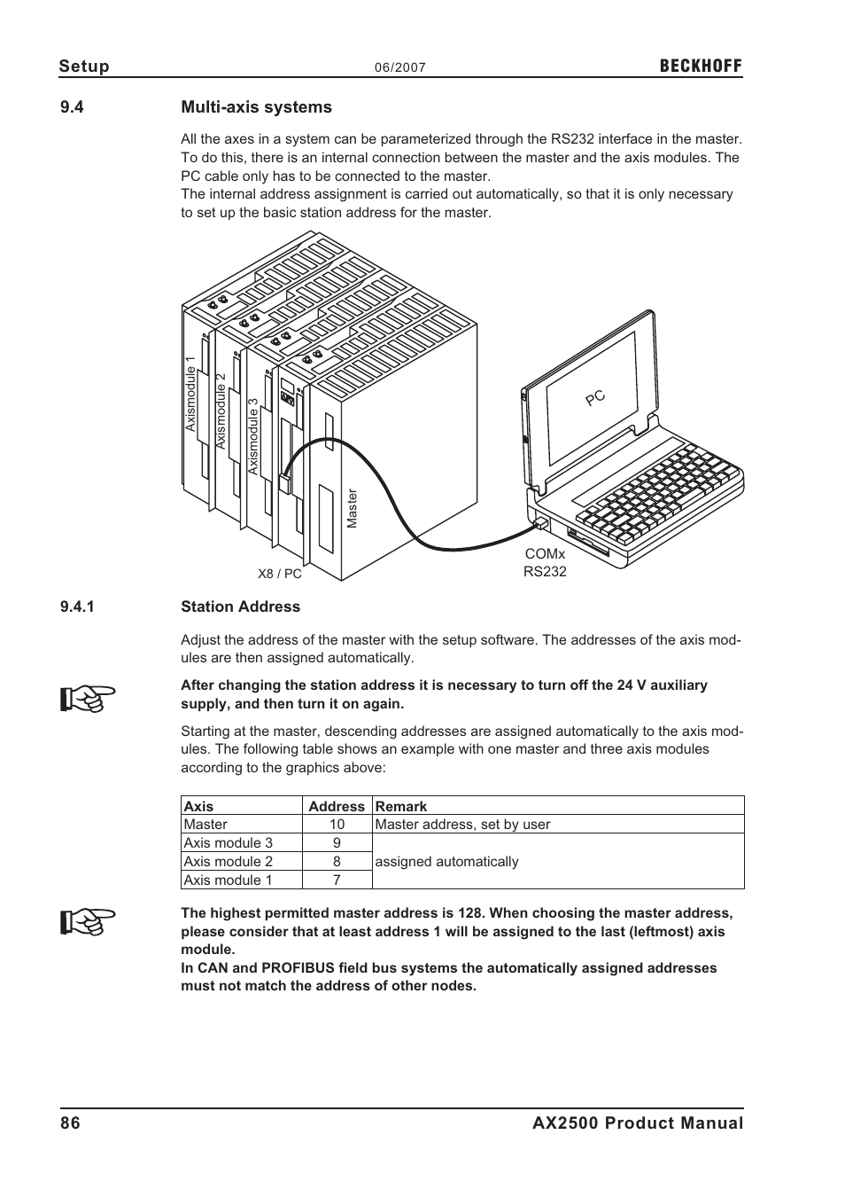 4 multi-axis systems, 1 station address, Parameterization | Multi-axis systems, Station address | BECKHOFF AX2500 User Manual | Page 86 / 97