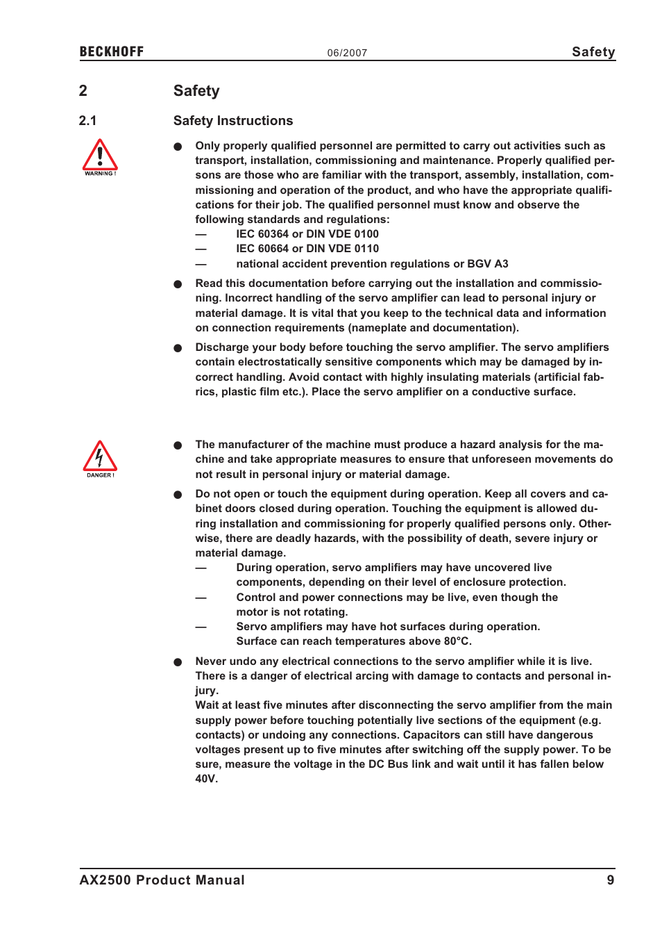 2 safety, 1 safety instructions, Safety instructions | S a f e t y, 2safety | BECKHOFF AX2500 User Manual | Page 9 / 97