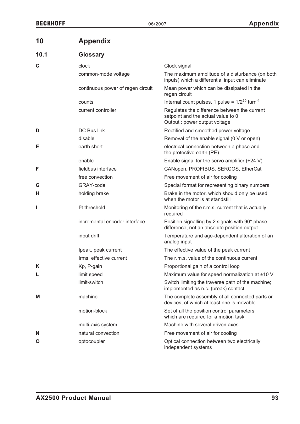 10 appendix, 1 glossary, Glossary | A p p e n d i x | BECKHOFF AX2500 User Manual | Page 93 / 97