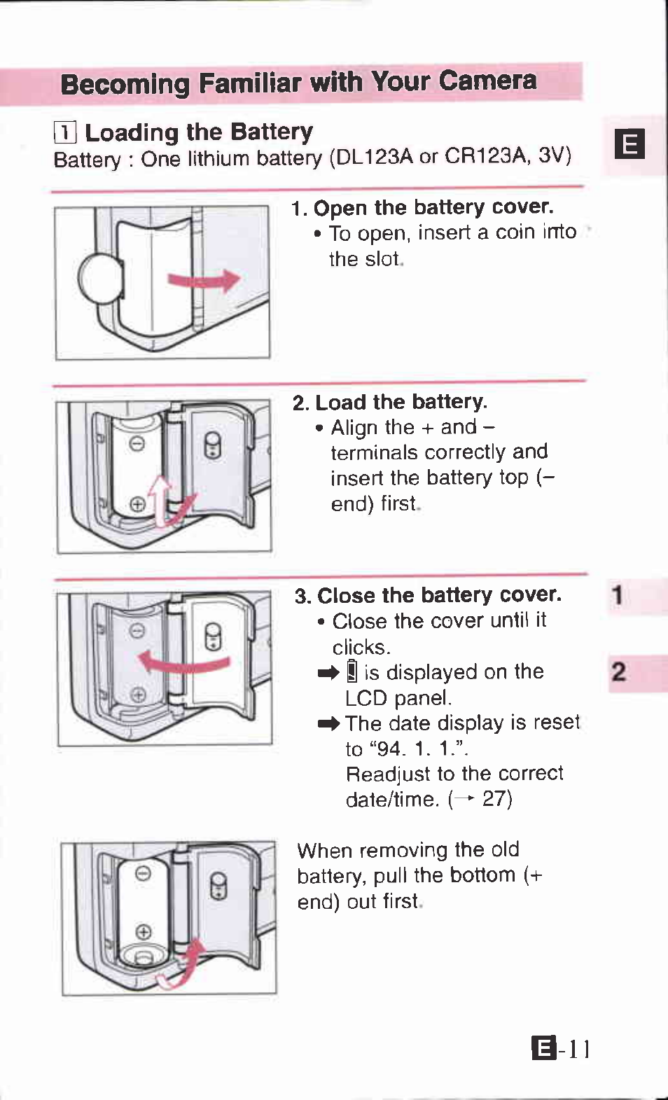 Becoming familiar with your camera, Cd loading the battery, J] loading the battery | I is | Canon ZOOM85 User Manual | Page 11 / 43