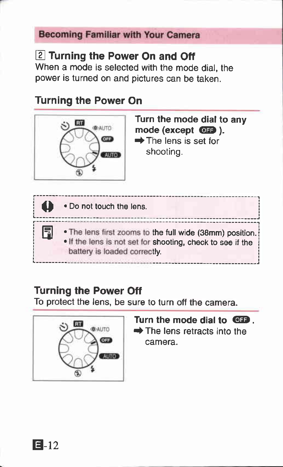 H turning the power on and off, Turning the power on, Turning the power off | U turning the power on and off | Canon ZOOM85 User Manual | Page 12 / 43