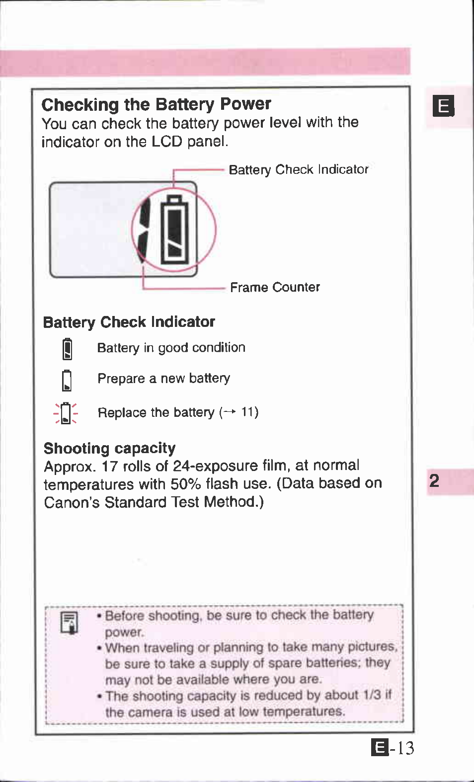 Checking the battery power, Battery check indicator, Shooting capacity | Canon ZOOM85 User Manual | Page 13 / 43