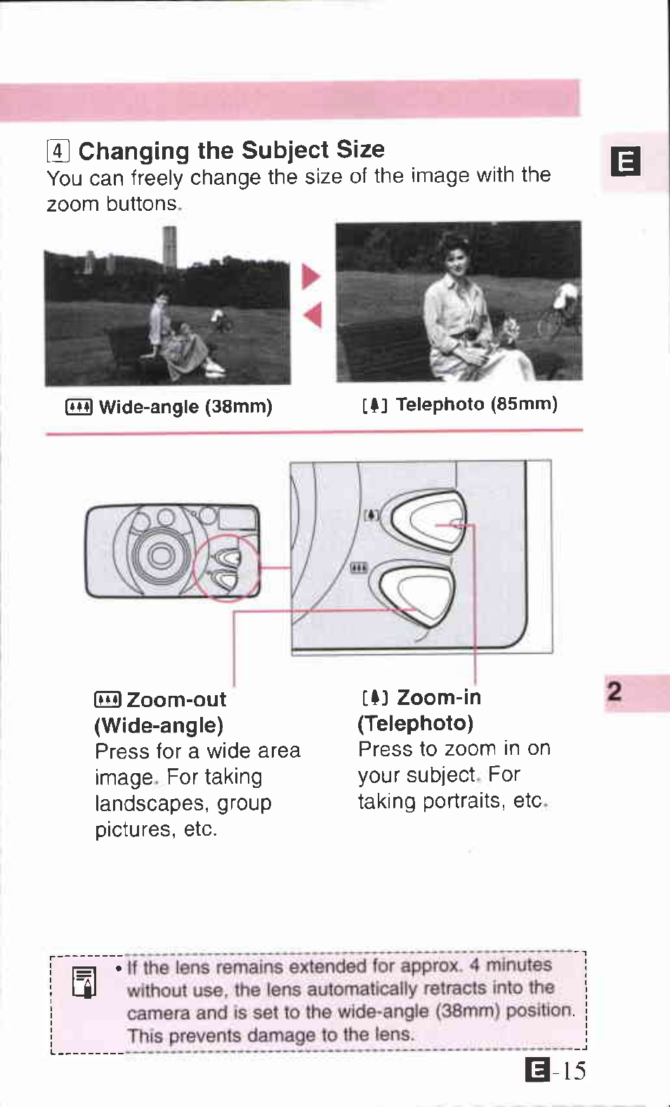 H changing the subject size, S] changing the subject size | Canon ZOOM85 User Manual | Page 15 / 43