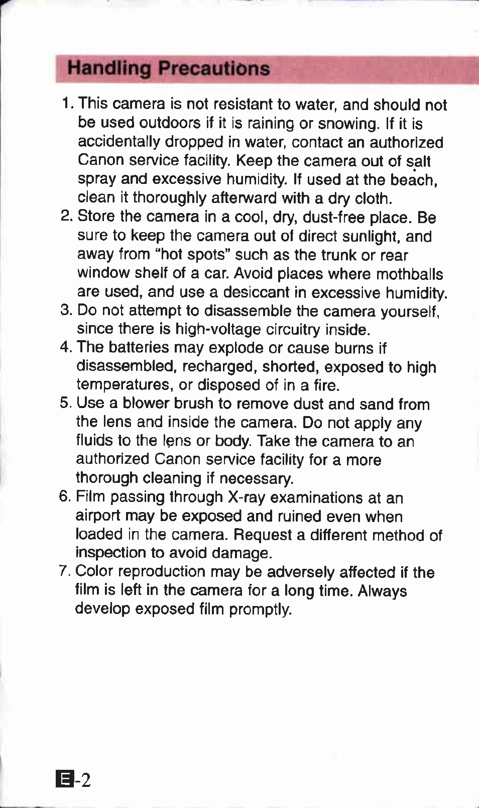 Handling precautions | Canon ZOOM85 User Manual | Page 2 / 43