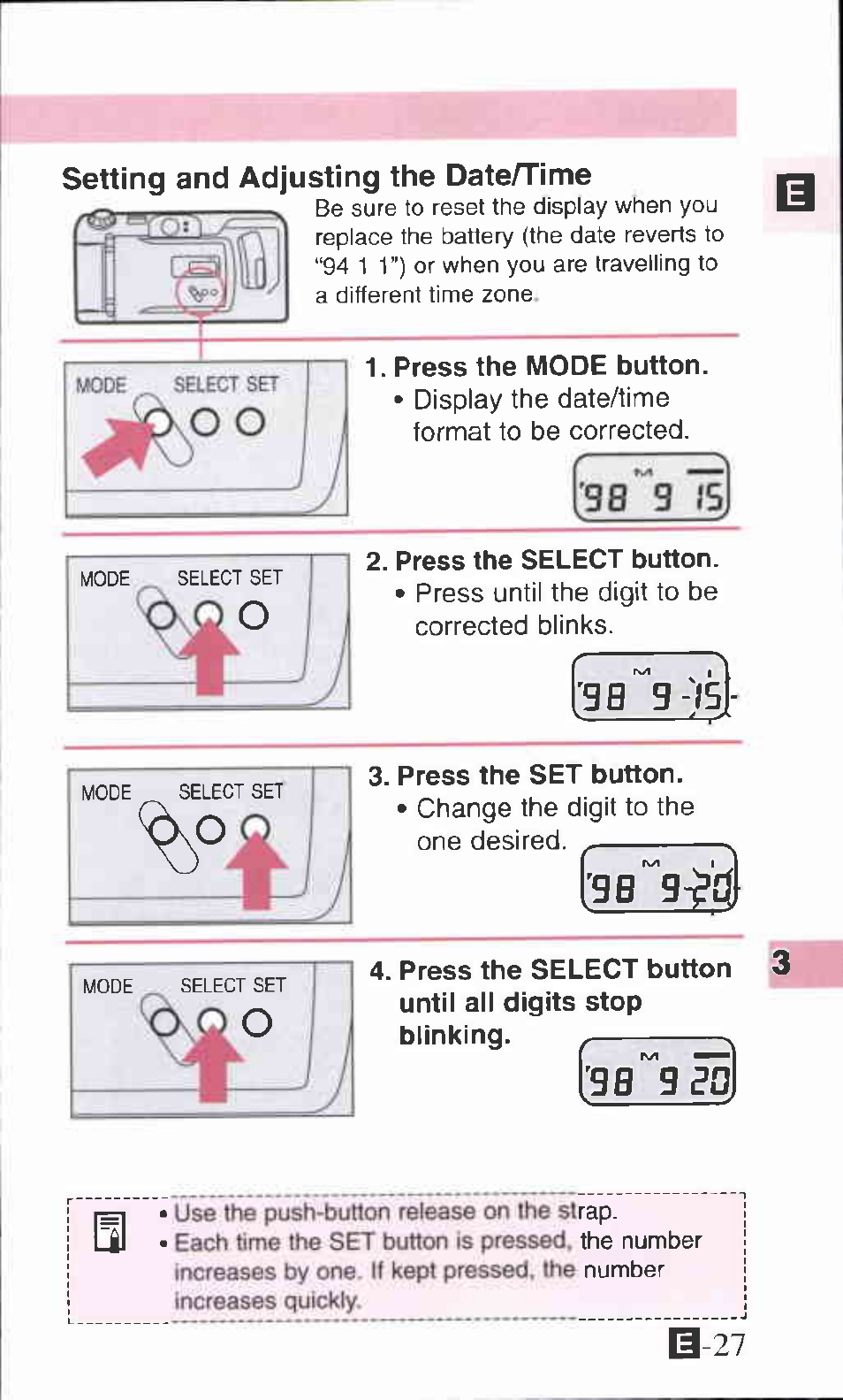 Setting and adjusting the date/time, 98 9 j5, 98 9-is | Canon ZOOM85 User Manual | Page 27 / 43
