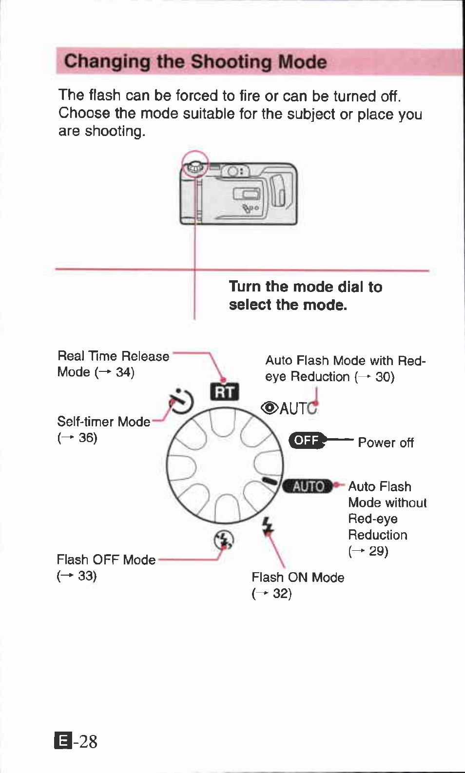 B-28, Changing the shooting mode | Canon ZOOM85 User Manual | Page 28 / 43