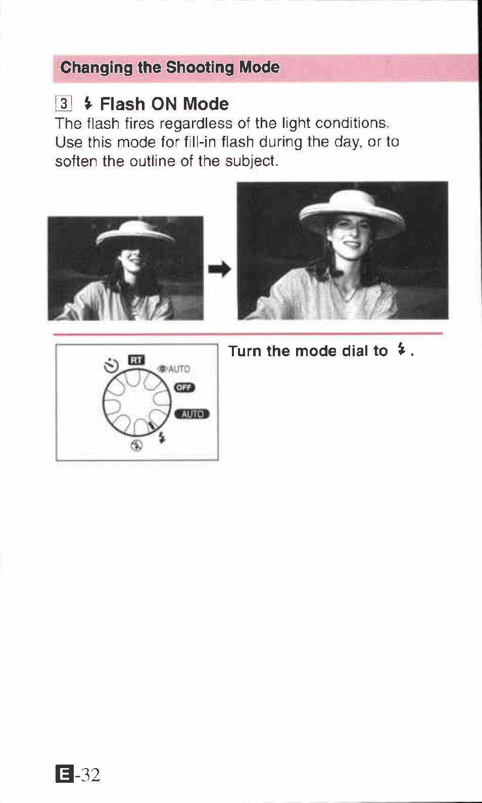 Fiash on mode | Canon ZOOM85 User Manual | Page 32 / 43