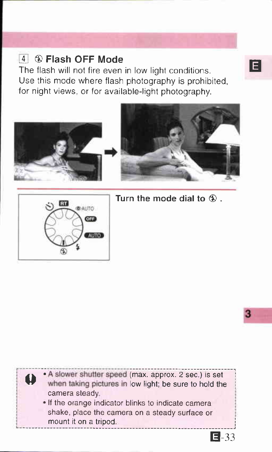 E ® flash off mode | Canon ZOOM85 User Manual | Page 33 / 43
