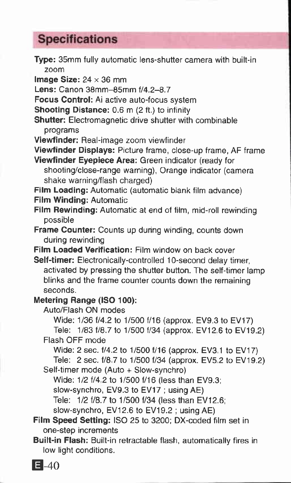 Specifications, B-40 | Canon ZOOM85 User Manual | Page 40 / 43