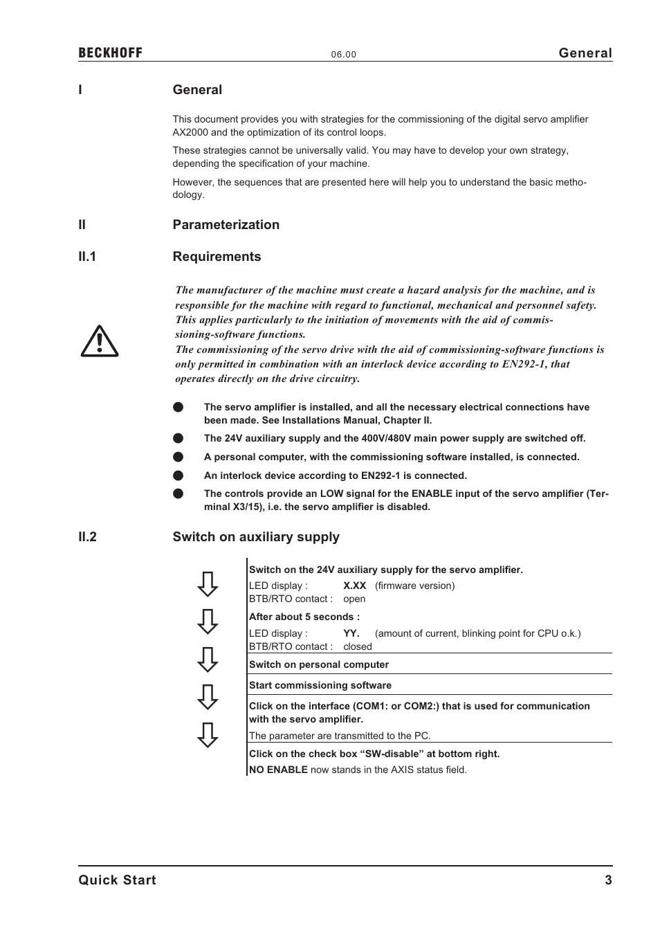Parameterization, Ii.1, Requirements | Ii.2, Switch on auxiliary supply | BECKHOFF AX2000 User Manual | Page 3 / 11