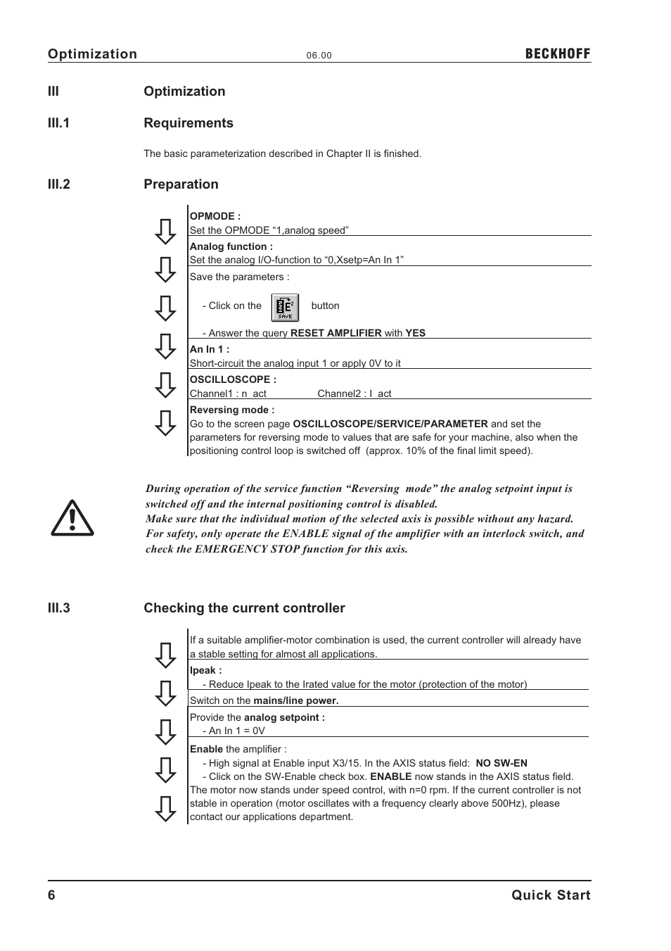 Optimization, Iii.1, Requirements | Iii.2, Preparation, Iii.3, Checking the current controller | BECKHOFF AX2000 User Manual | Page 6 / 11