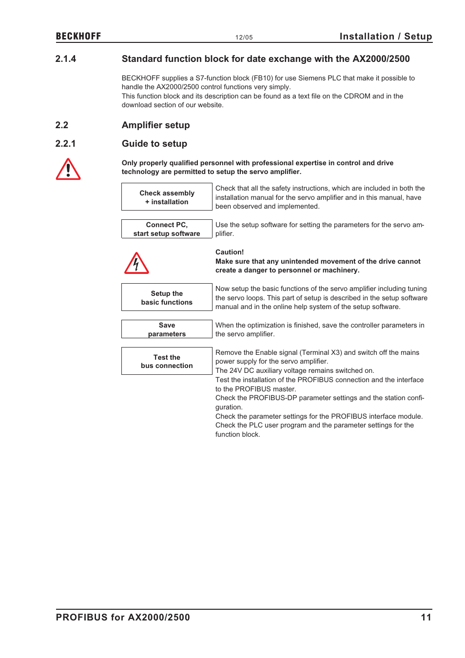 2 amplifier setup, 1 guide to setup, Setup | Standard function blocks, Amplifier setup, Guide to setup | BECKHOFF AX2000 PROFIBUS DP communication profile User Manual | Page 11 / 51