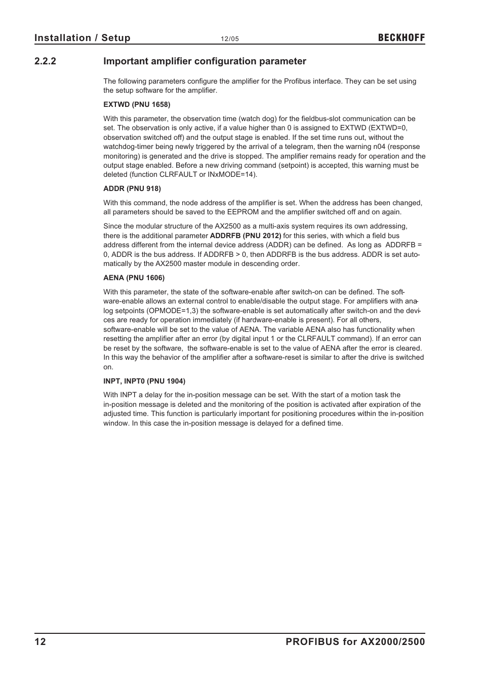2 important amplifier configuration parameter, Important amplifier configuration parameter | BECKHOFF AX2000 PROFIBUS DP communication profile User Manual | Page 12 / 51