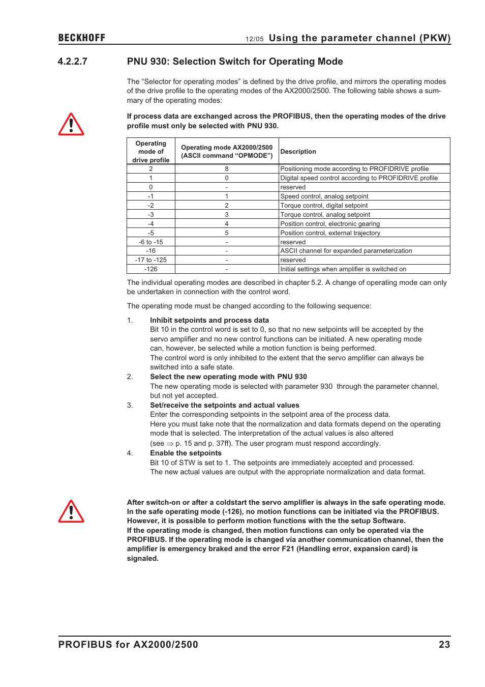 7 pnu 930: selection switch for operating mode, Pnu 930: selection switch for operating mode, Using the parameter channel (pkw) | BECKHOFF AX2000 PROFIBUS DP communication profile User Manual | Page 23 / 51