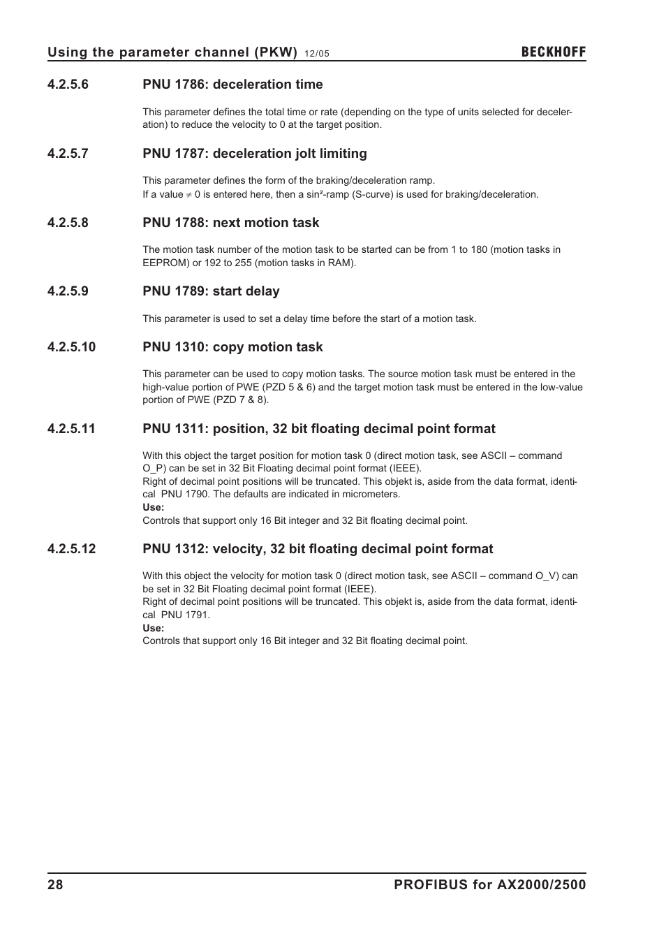 6 pnu 1786: deceleration time, 7 pnu 1787: deceleration jolt limiting, 8 pnu 1788: next motion task | 9 pnu 1789: start delay, 10 pnu 1310: copy motion task, Deceleration time, Deceleration, Copy, Next motion task, Start delay | BECKHOFF AX2000 PROFIBUS DP communication profile User Manual | Page 28 / 51