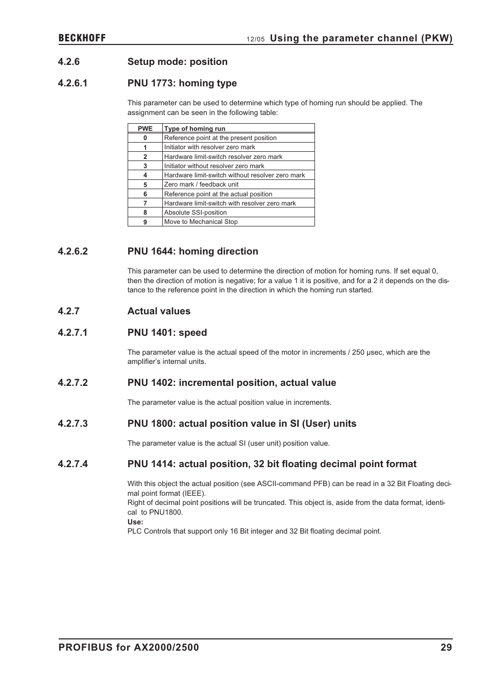 6 setup mode: position, 1 pnu 1773: homing type, 2 pnu 1644: homing direction | 7 actual values, 1 pnu 1401: speed, 2 pnu 1402: incremental position, actual value, Incremental, Si-units, Homing direction, Homing type | BECKHOFF AX2000 PROFIBUS DP communication profile User Manual | Page 29 / 51