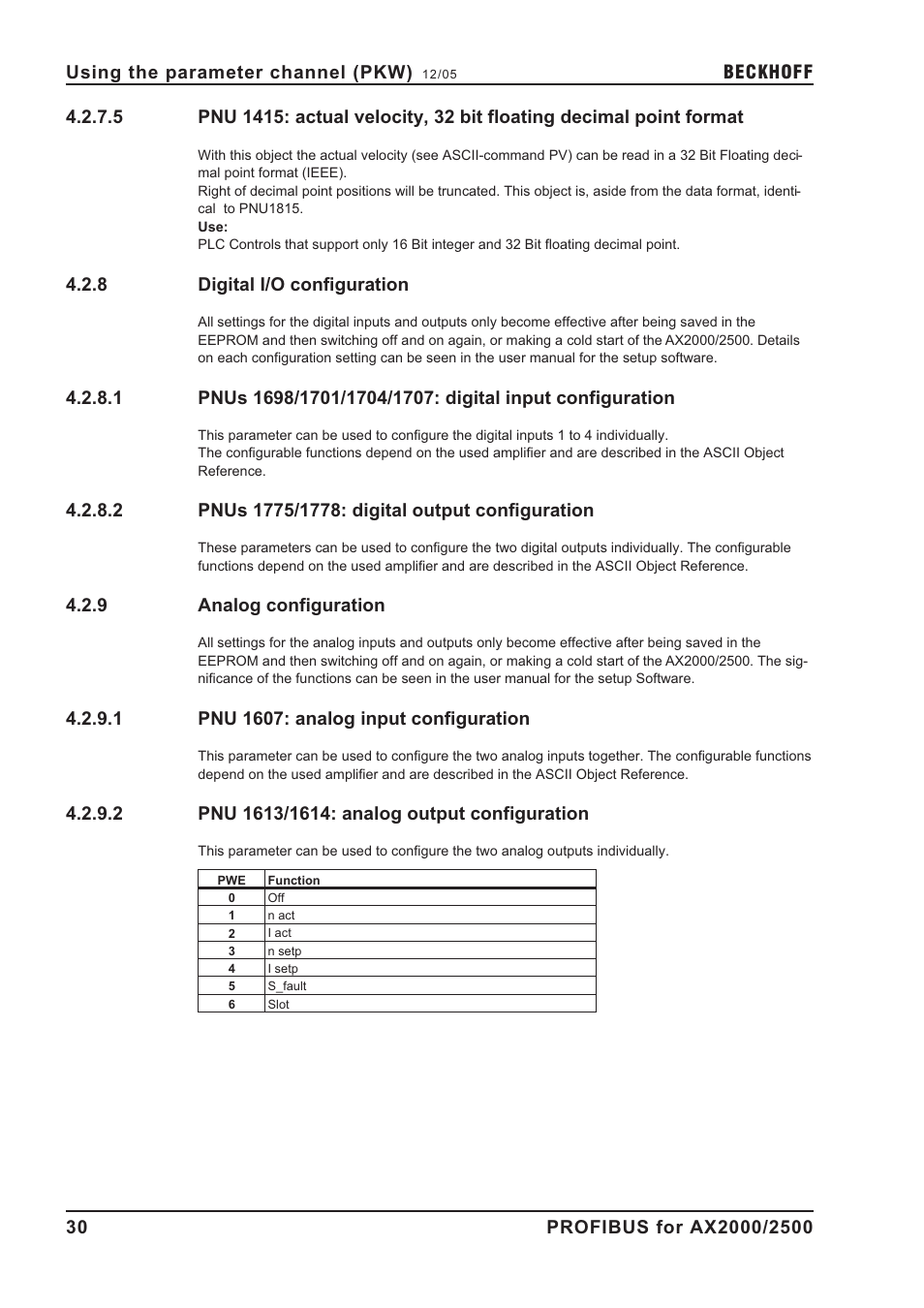 8 digital i/o configuration, 2 pnus 1775/1778: digital output configuration, 9 analog configuration | 1 pnu 1607: analog input configuration, 2 pnu 1613/1614: analog output configuration, Analog inputs, Analog outputs, Digital inputs, Digital outputs, Digital i/o configuration | BECKHOFF AX2000 PROFIBUS DP communication profile User Manual | Page 30 / 51