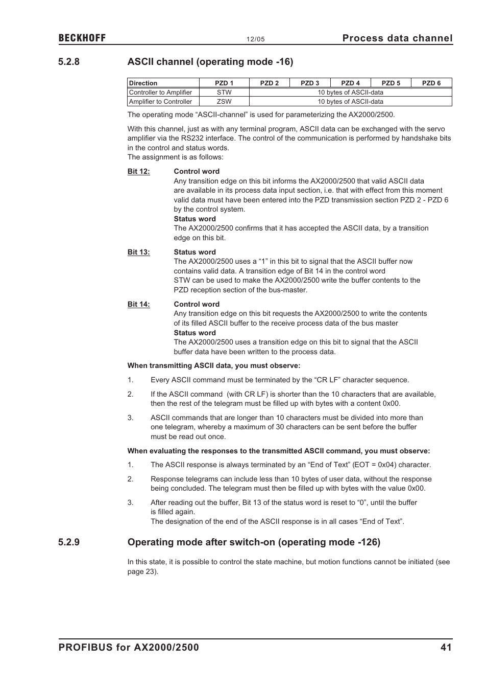 8 ascii channel (operating mode -16), Ascii channel (operating mode -16), Process data channel | BECKHOFF AX2000 PROFIBUS DP communication profile User Manual | Page 41 / 51