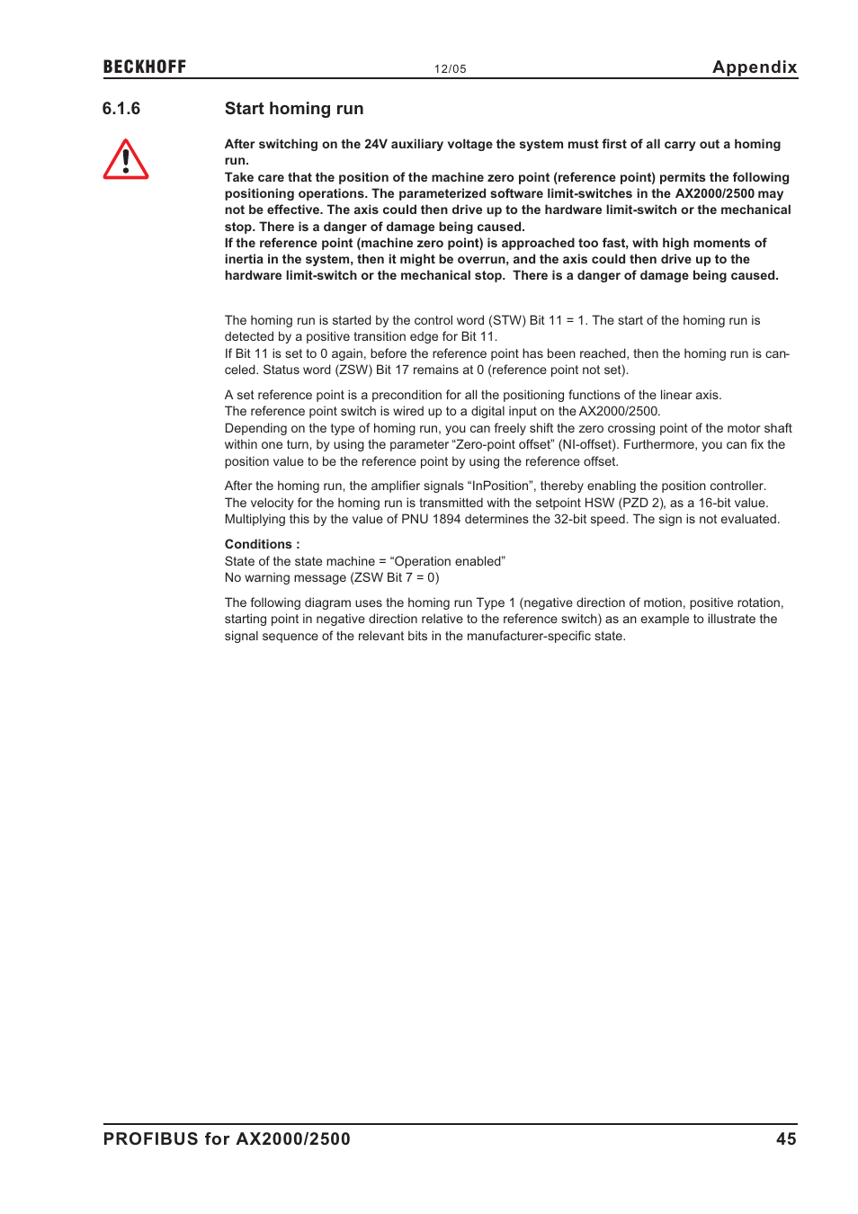 6 start homing run, Homing, Start homing run | BECKHOFF AX2000 PROFIBUS DP communication profile User Manual | Page 45 / 51