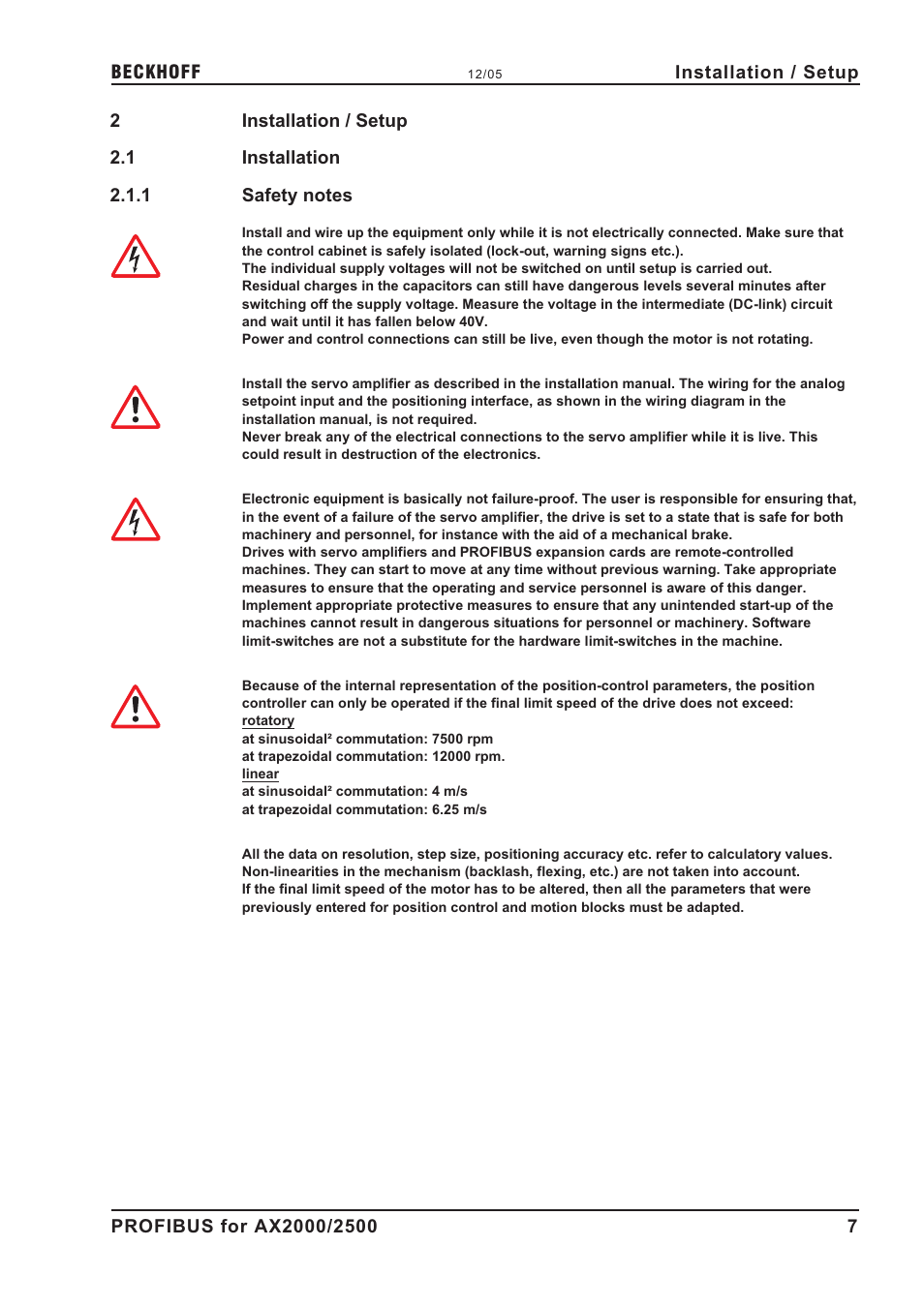 2 installation / setup, 1 installation, 1 safety notes | Installation, I n s t a l l a t i o n / s e t u p, Safety notes | BECKHOFF AX2000 PROFIBUS DP communication profile User Manual | Page 7 / 51