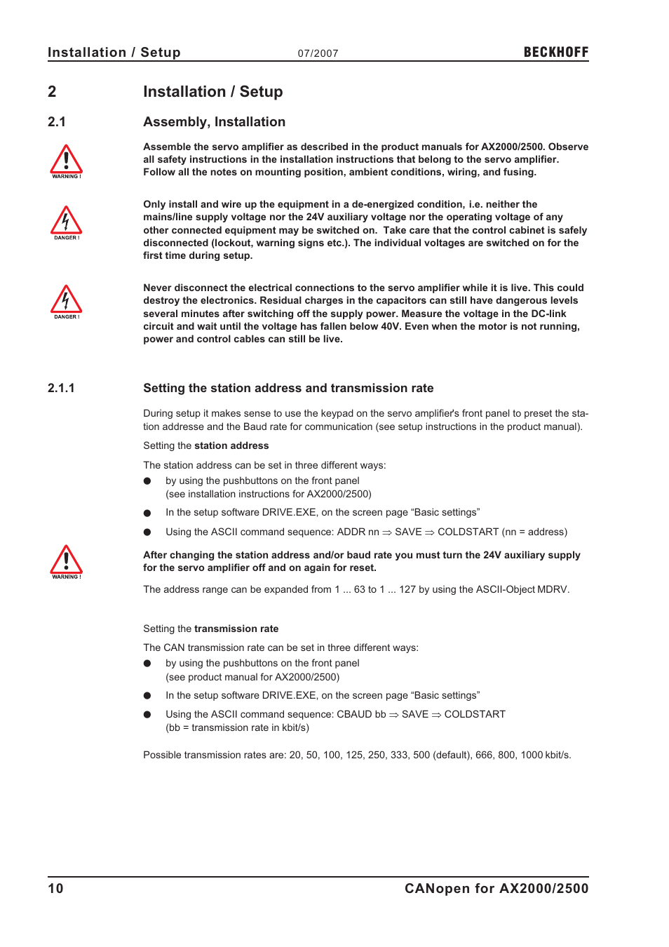 2 installation / setup, 1 assembly, installation, Installation | Station address, Transmission rate setting, I n s t a l l a t i o n / s e t u p, Assembly, installation, Setting the station address and transmission rate, 2installation / setup, Beckhoff | BECKHOFF AX2000 CANopen communication profile User Manual | Page 10 / 137