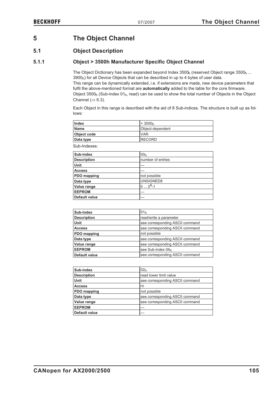 5 the object channel, 1 object description, 3500h | Object channel, T h e o b j e c t c h a n n e l, Object description, 5the object channel, The object channel | BECKHOFF AX2000 CANopen communication profile User Manual | Page 105 / 137