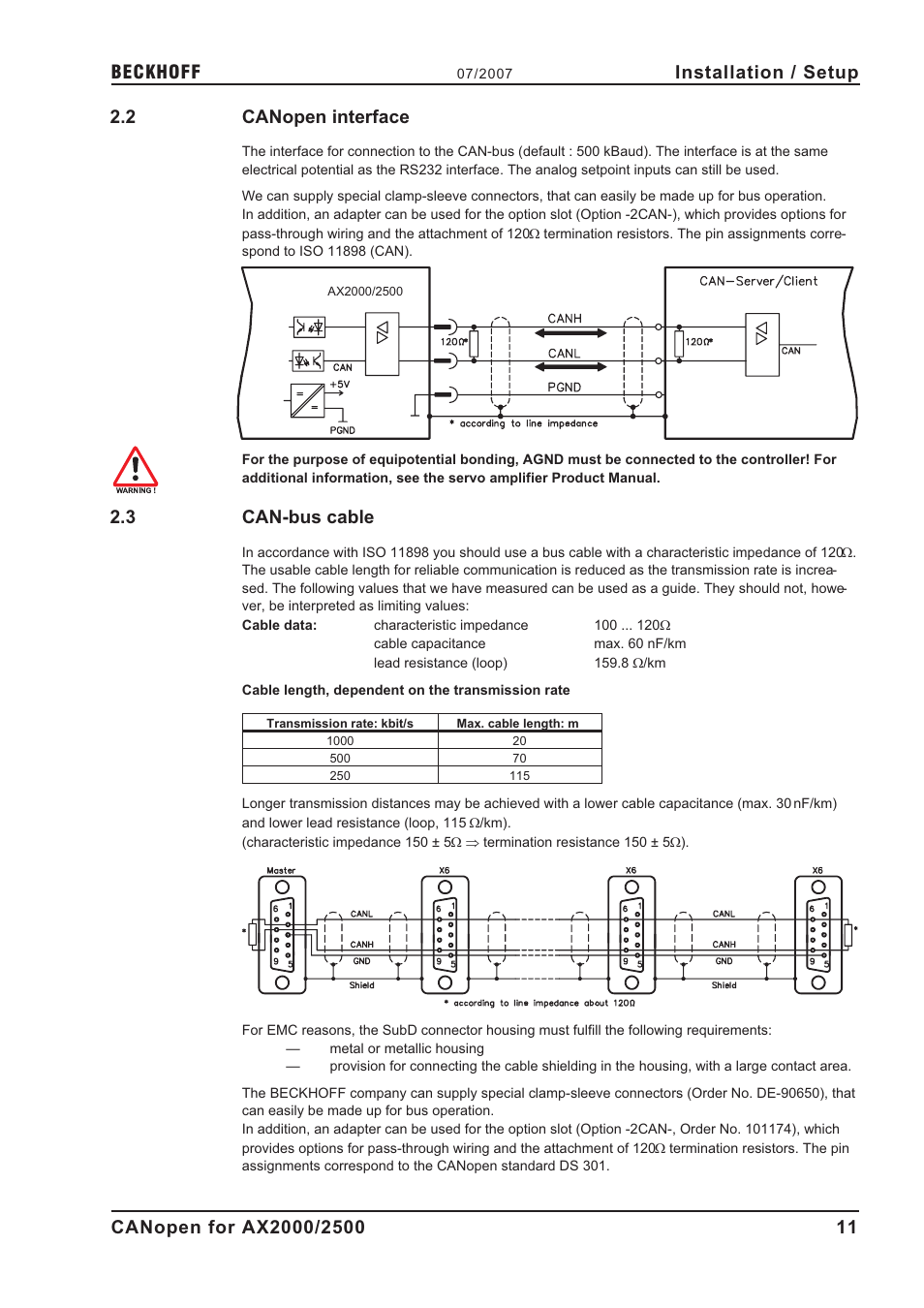 2 canopen interface, 3 can-bus cable, Bus cable | Cable length, Termination resistance, Canopen interface, Can-bus cable, Installation / setup | BECKHOFF AX2000 CANopen communication profile User Manual | Page 11 / 137